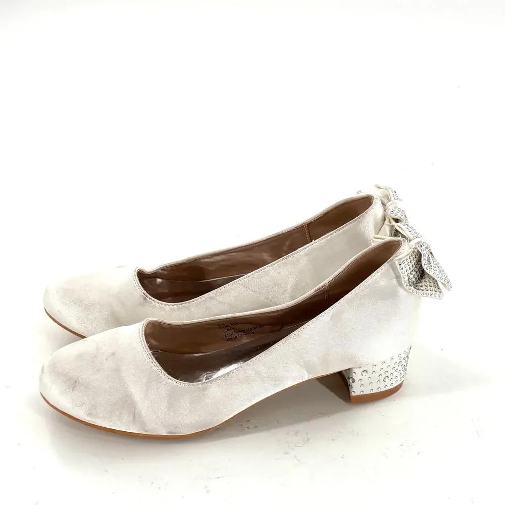 Badgley Mischka Girls Sparkle Heel Dress Shoes 4 White Satin Wedding Jewel